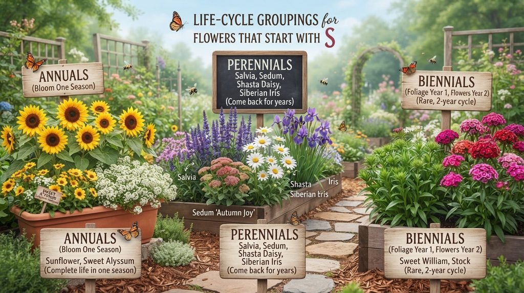 Life-Cycle Groupings for Flowers That Start With S