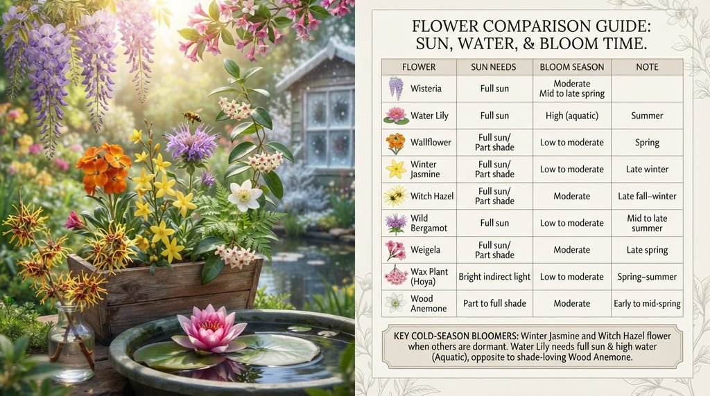 Full Comparison Table: Sun, Water, and Bloom Time