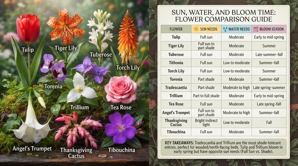 Full Comparison Table: Sun, Water, and Bloom Time