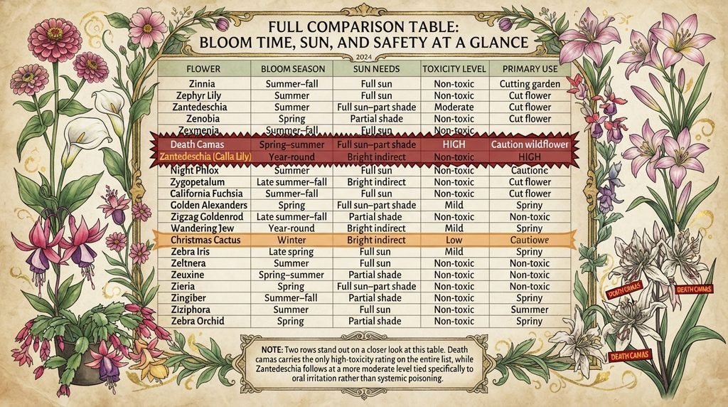 Full Comparison Table: Bloom Time, Sun, and Safety at a Glance