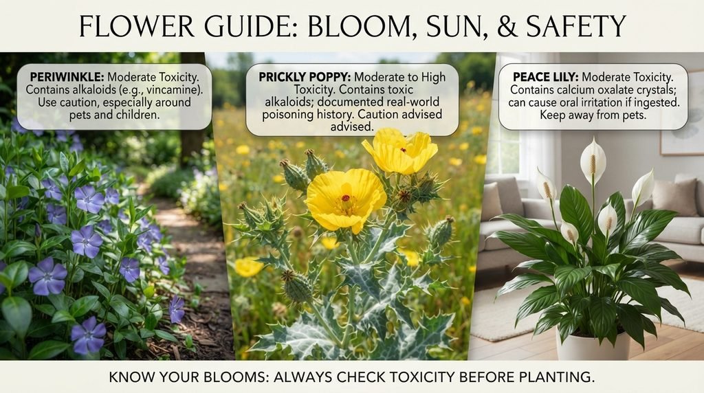 Full Comparison Table: Bloom Time, Sun, and Safety at a Glance