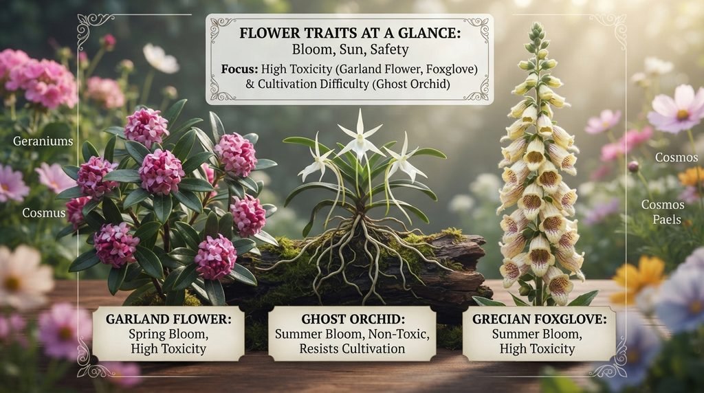Full Comparison Table: Bloom Time, Sun, and Safety at a Glance