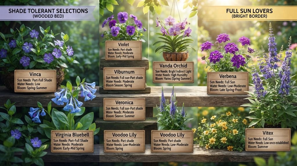 Full Comparison Table: Sun, Water, and Bloom Time