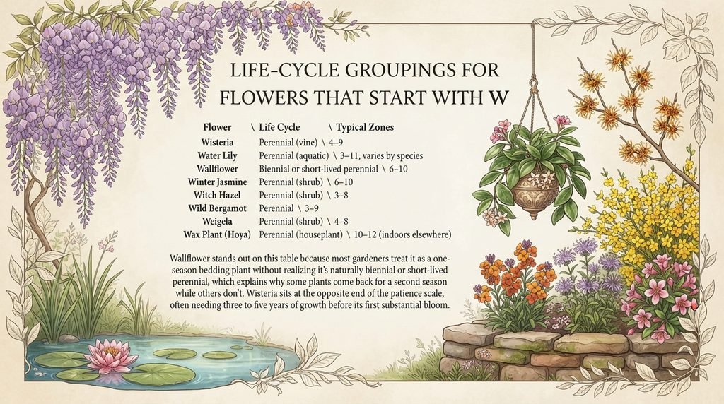 Life-Cycle Groupings for Flowers That Start With W