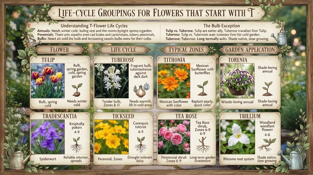 Life-Cycle Groupings for Flowers That Start With T