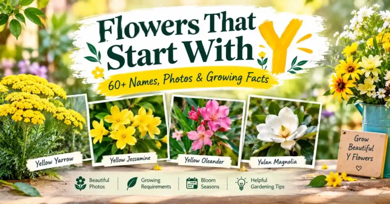 Collection of flowers that start with Y, featuring Yellow Yarrow, Yellow Jessamine, Yellow Oleander, and Yulan Magnolia with vibrant blooms.