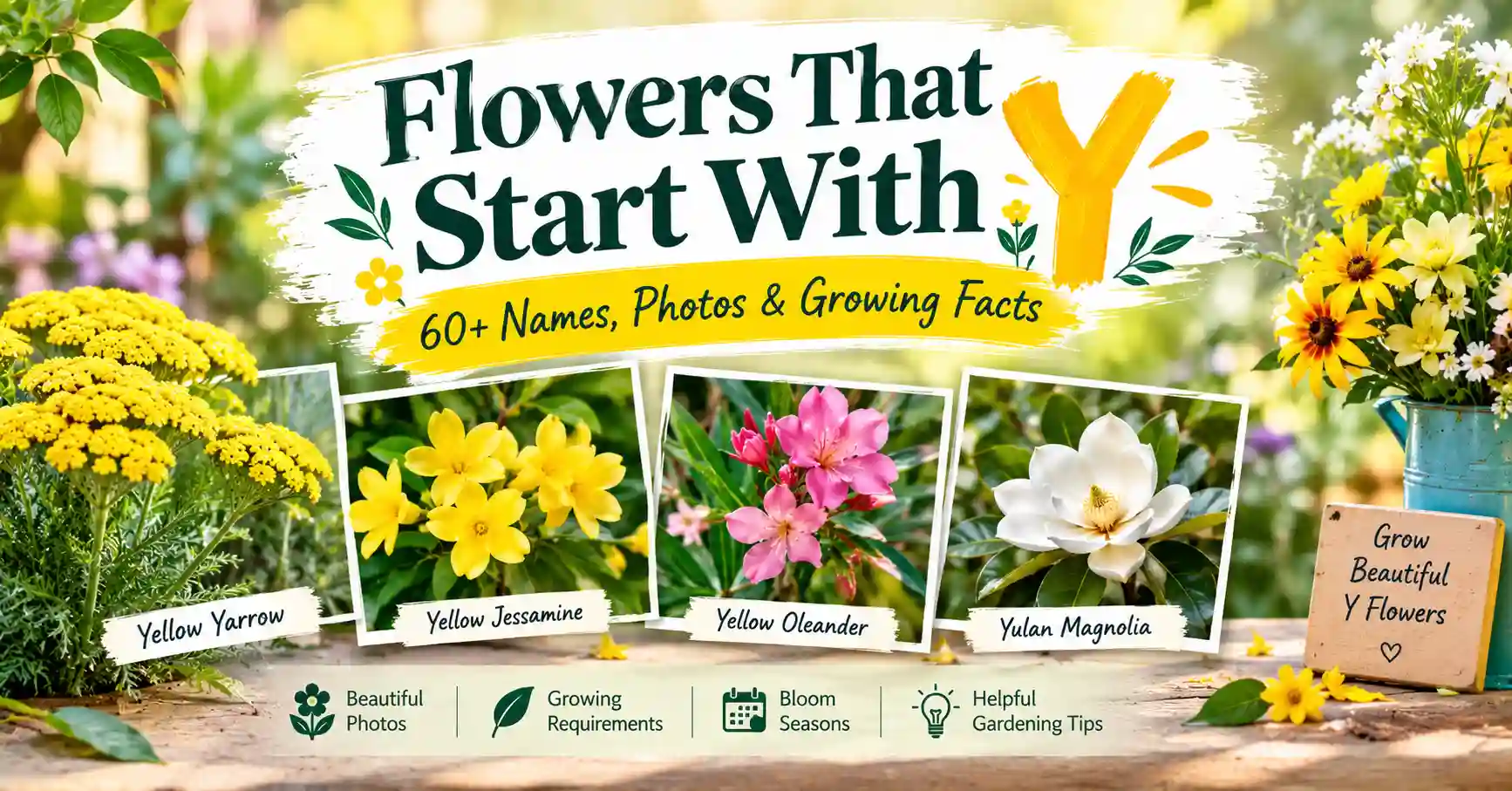 Collection of flowers that start with Y, featuring Yellow Yarrow, Yellow Jessamine, Yellow Oleander, and Yulan Magnolia with vibrant blooms.